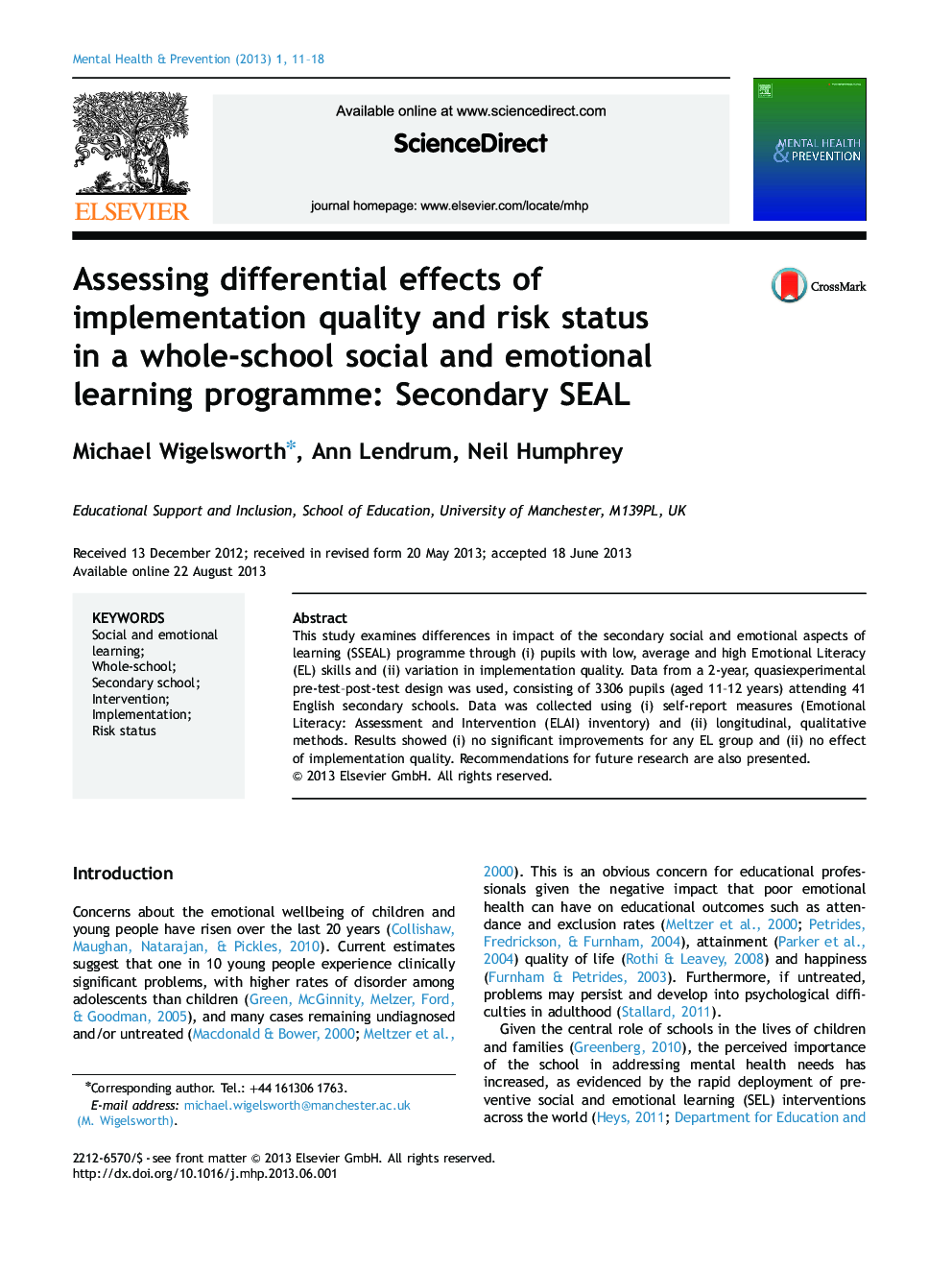 Assessing differential effects of implementation quality and risk status in a whole-school social and emotional learning programme: Secondary SEAL