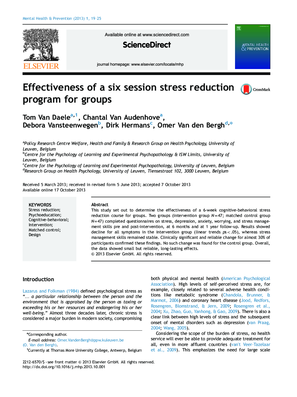 Effectiveness of a six session stress reduction program for groups