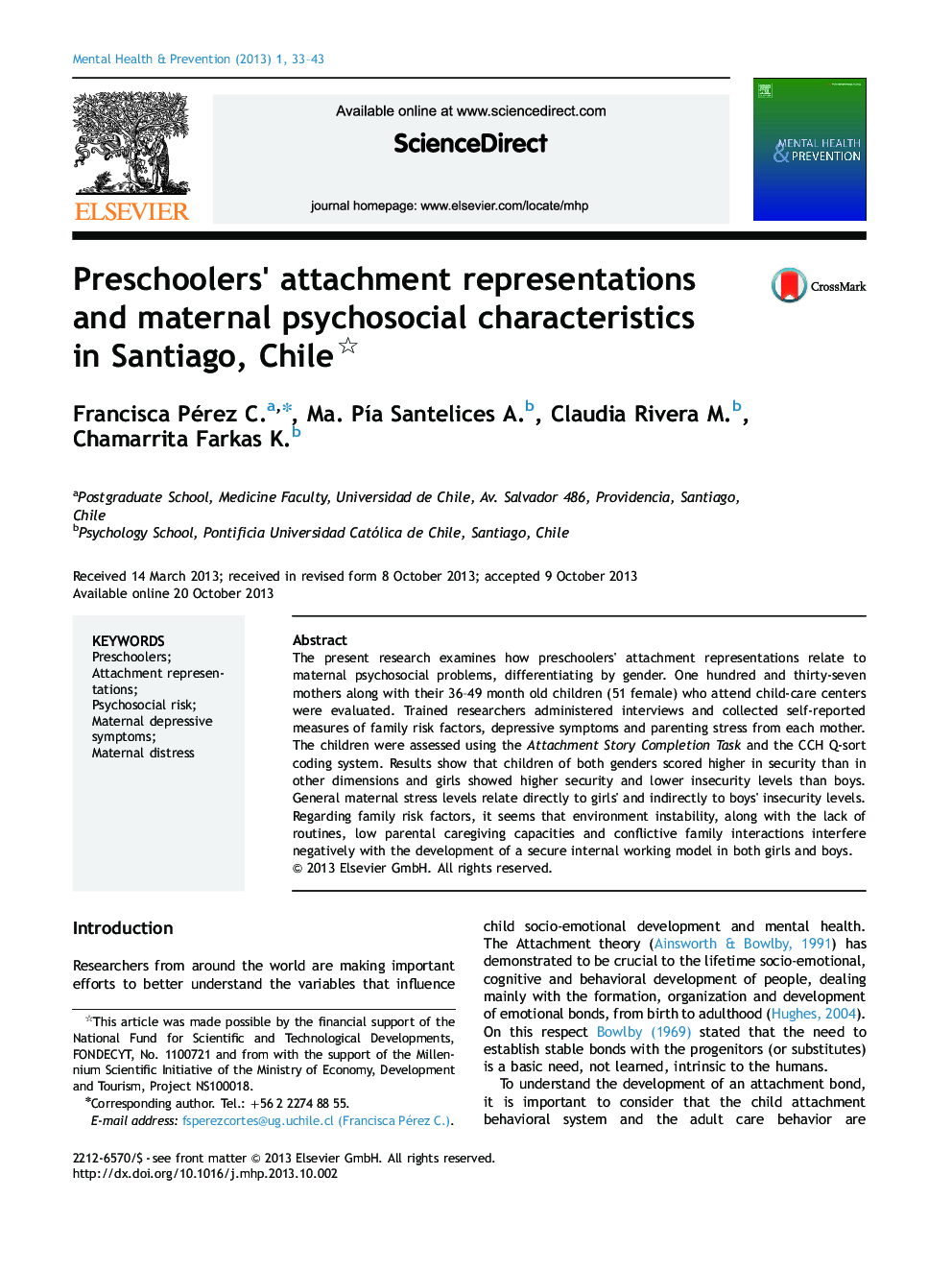 Preschoolers' attachment representations and maternal psychosocial characteristics in Santiago, Chile 