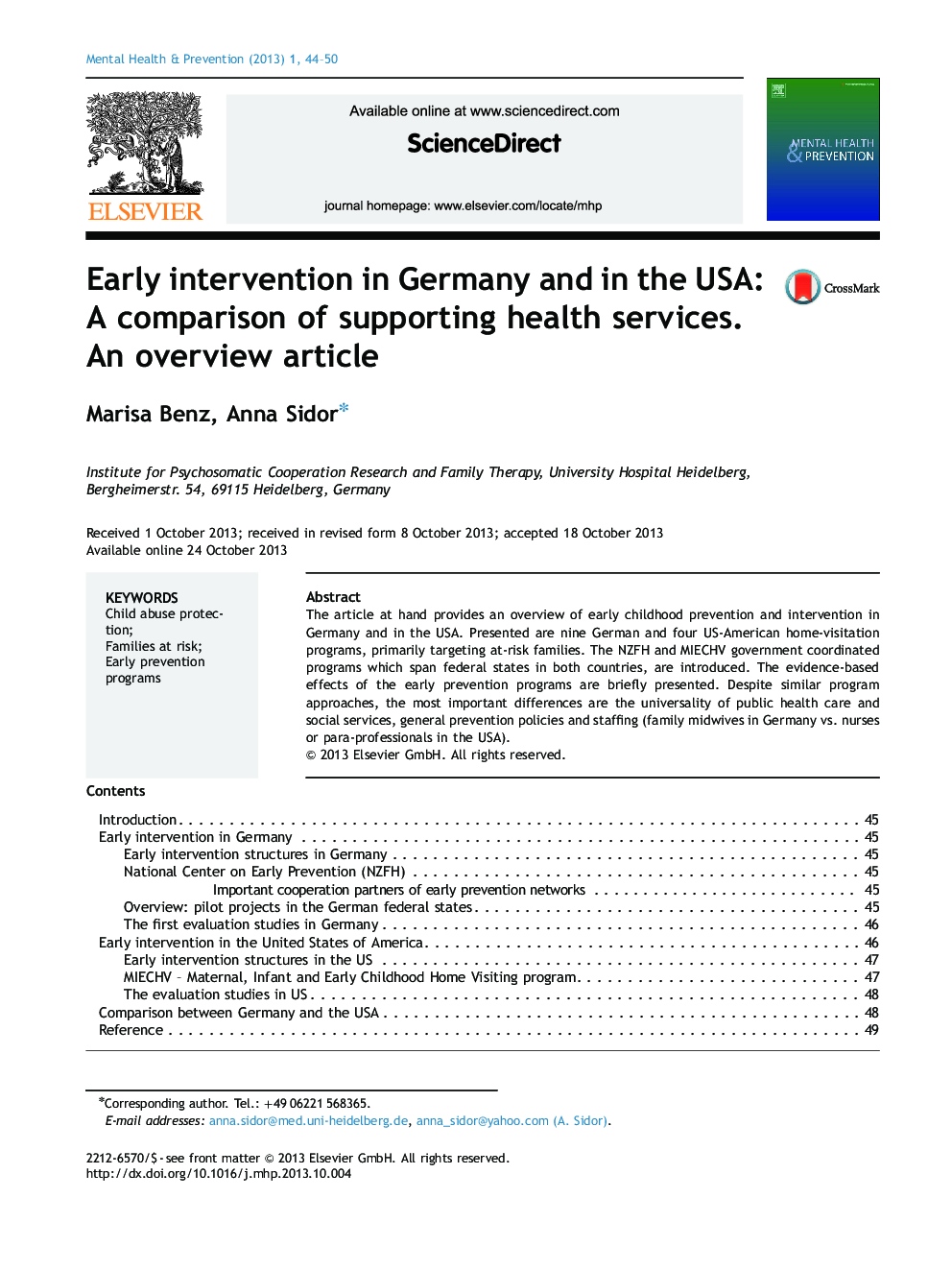 مداخله زودهنگام در آلمان و ایالات متحده آمریکا: مقایسه حمایت از خدمات بهداشتی؛ یک مقاله کلی