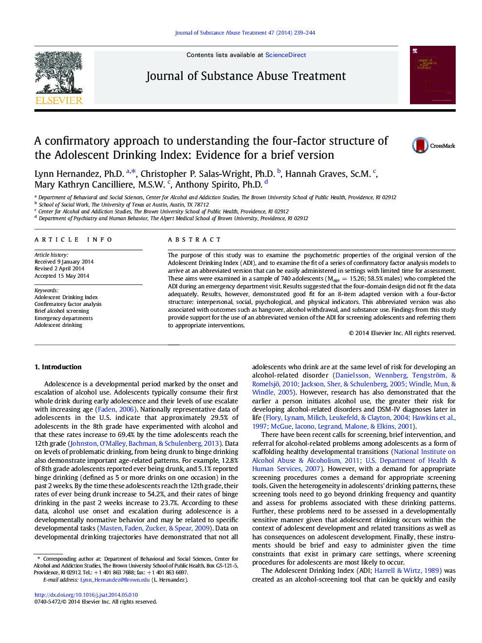 A confirmatory approach to understanding the four-factor structure of the Adolescent Drinking Index: Evidence for a brief version