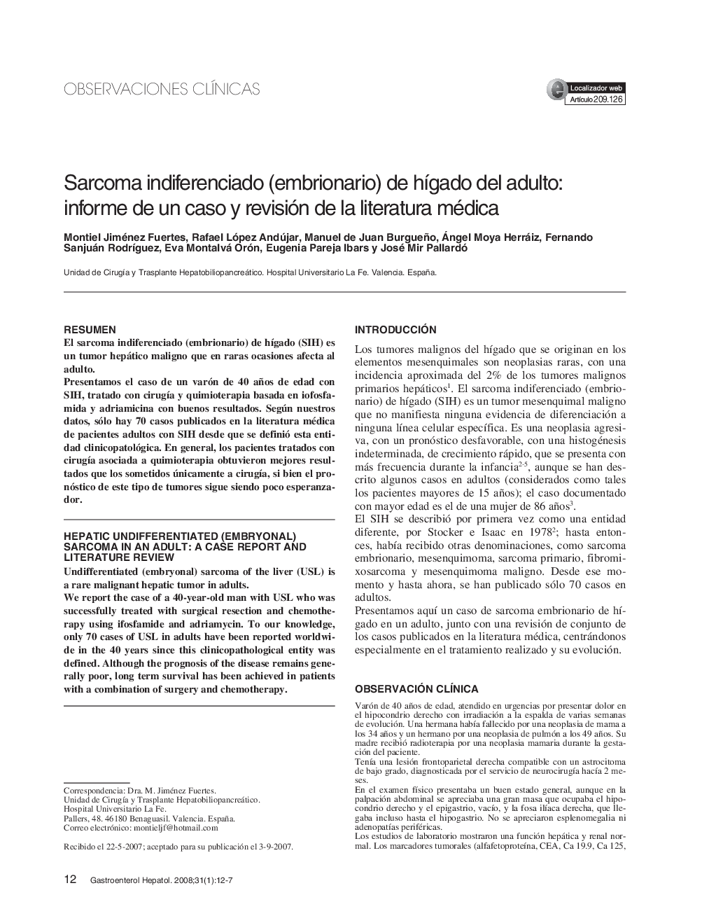 Sarcoma indiferenciado (embrionario) de hígado del adulto: informe de un caso y revisión de la literatura médica