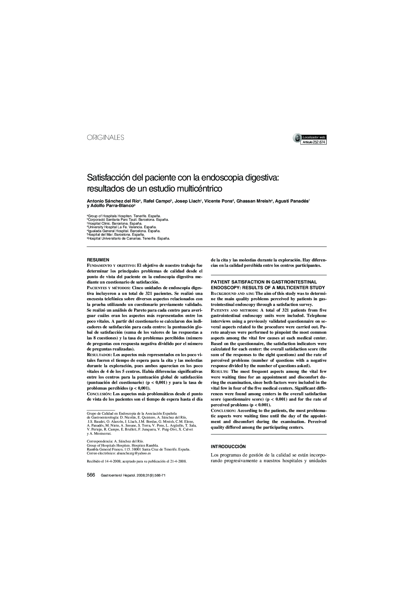 Satisfacción del paciente con la endoscopia digestiva: resultados de un estudio multicéntrico 