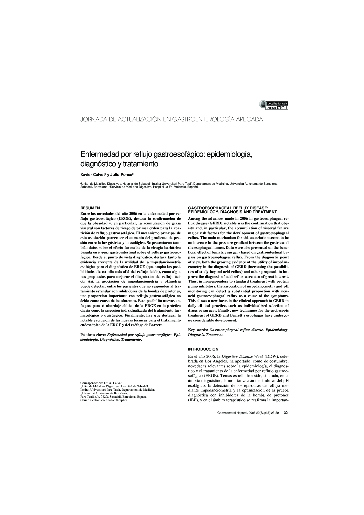 Enfermedad por reflujo gastroesofágico: epidemiologÃ­a, diagnóstico y tratamiento