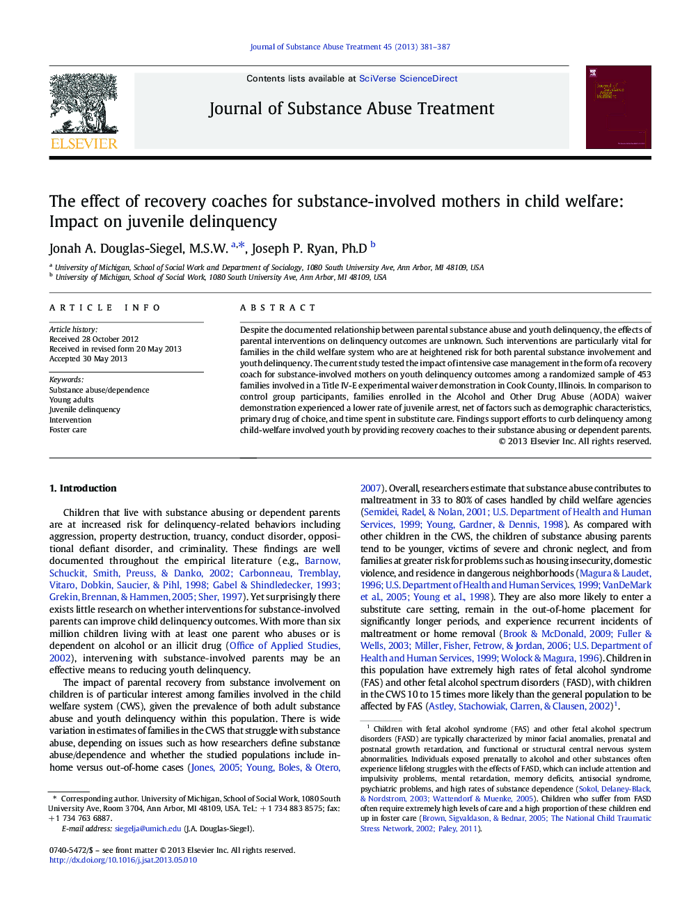 The effect of recovery coaches for substance-involved mothers in child welfare: Impact on juvenile delinquency