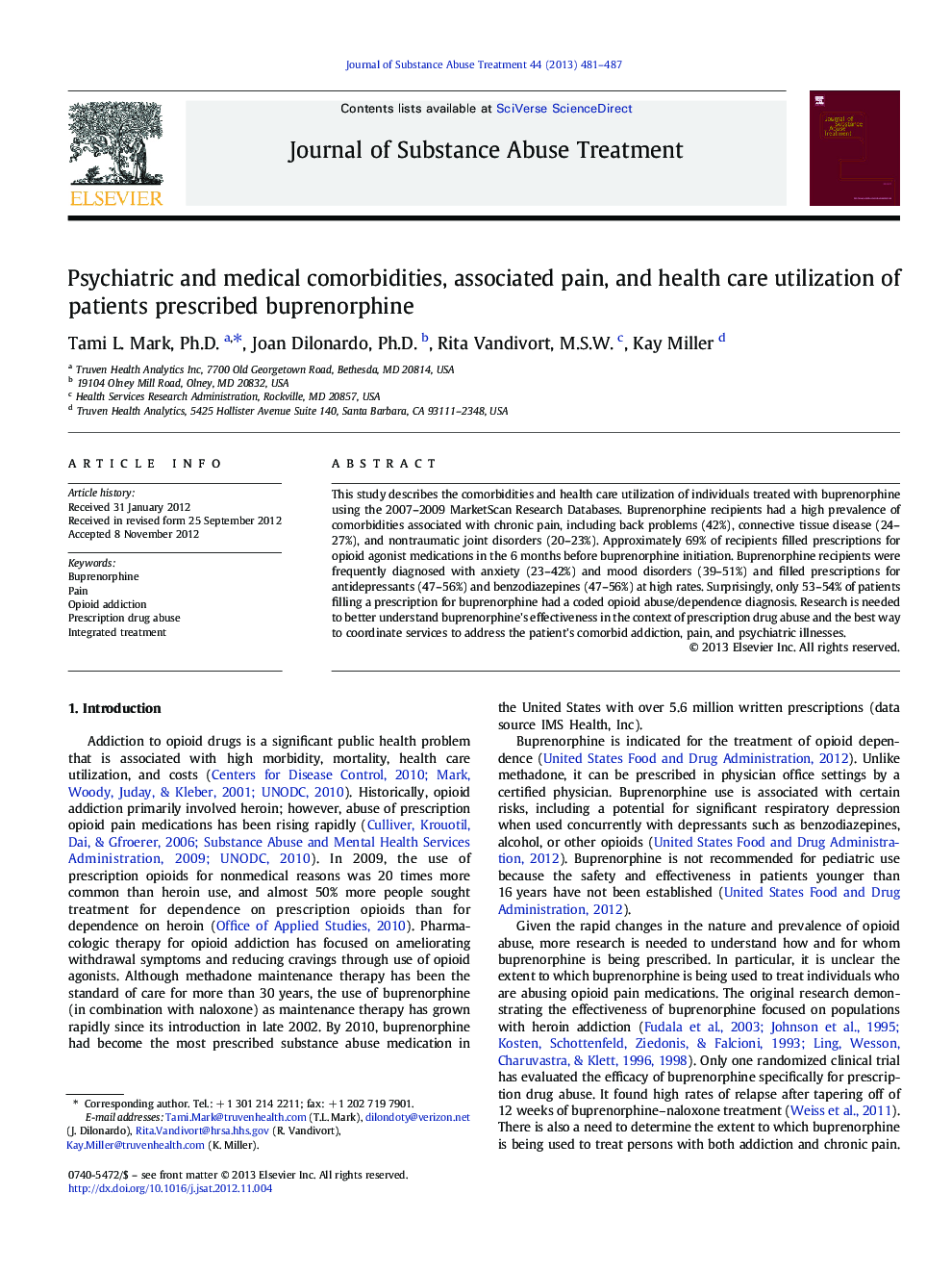 Psychiatric and medical comorbidities, associated pain, and health care utilization of patients prescribed buprenorphine