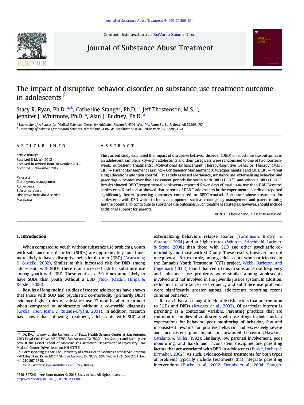 The impact of disruptive behavior disorder on substance use treatment outcome in adolescents 