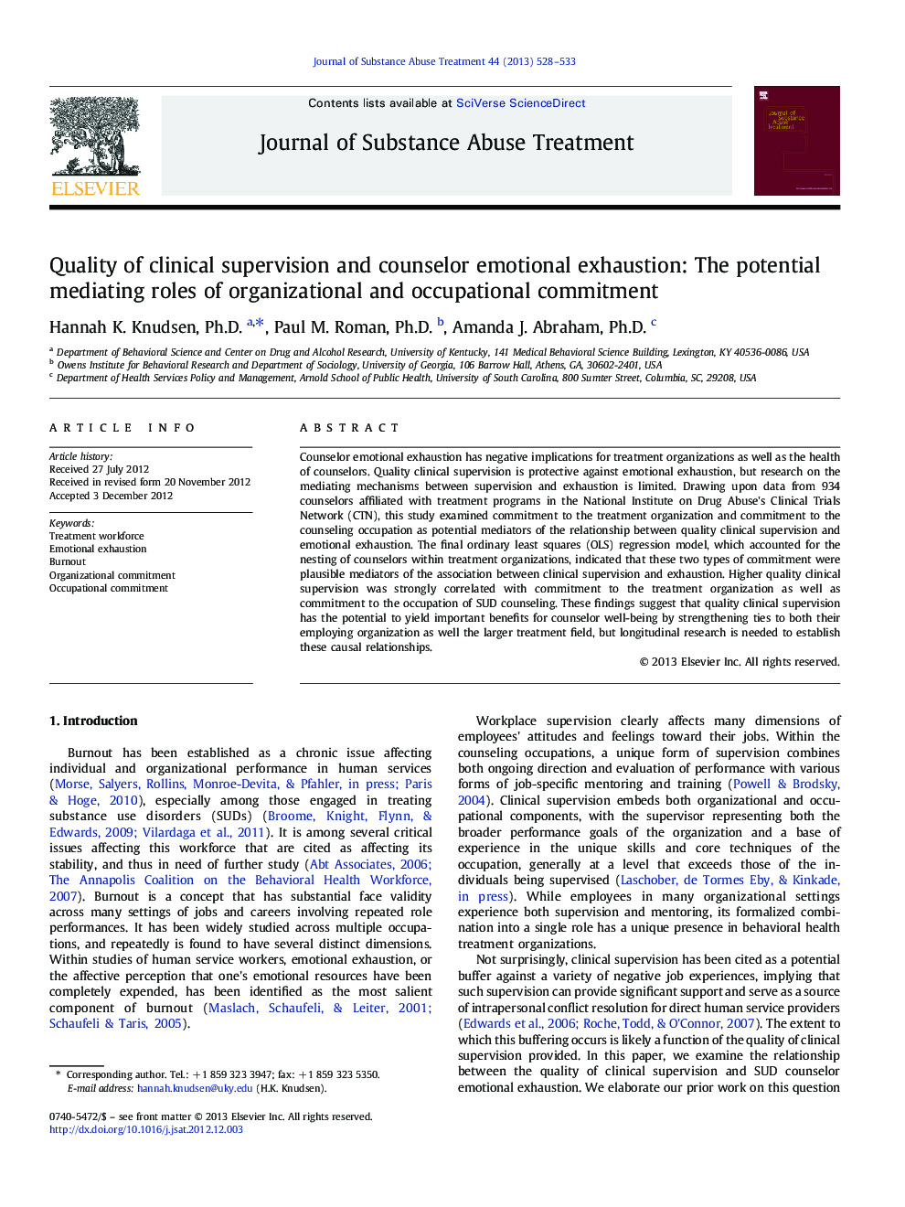 Quality of clinical supervision and counselor emotional exhaustion: The potential mediating roles of organizational and occupational commitment
