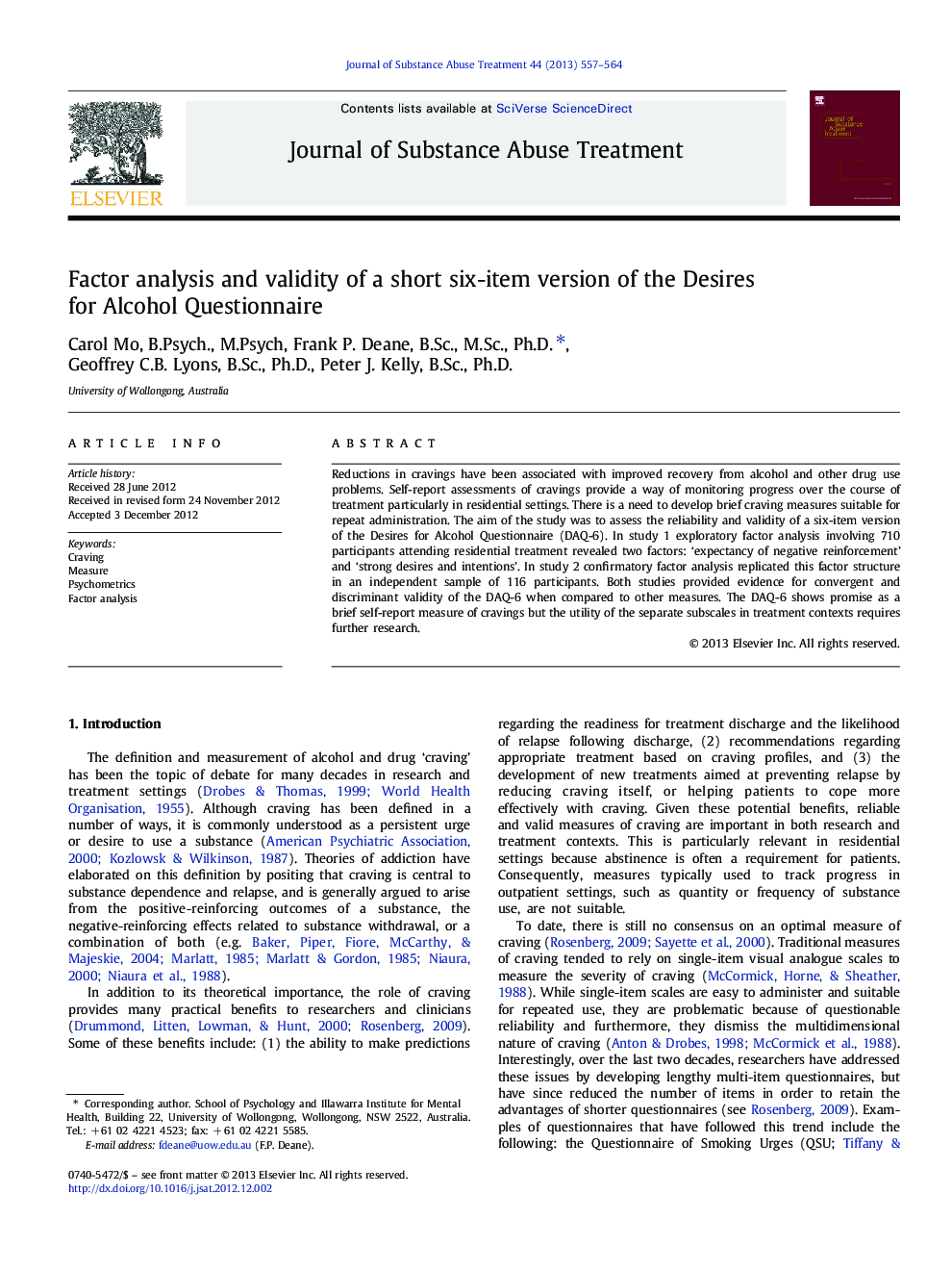 Factor analysis and validity of a short six-item version of the Desires for Alcohol Questionnaire