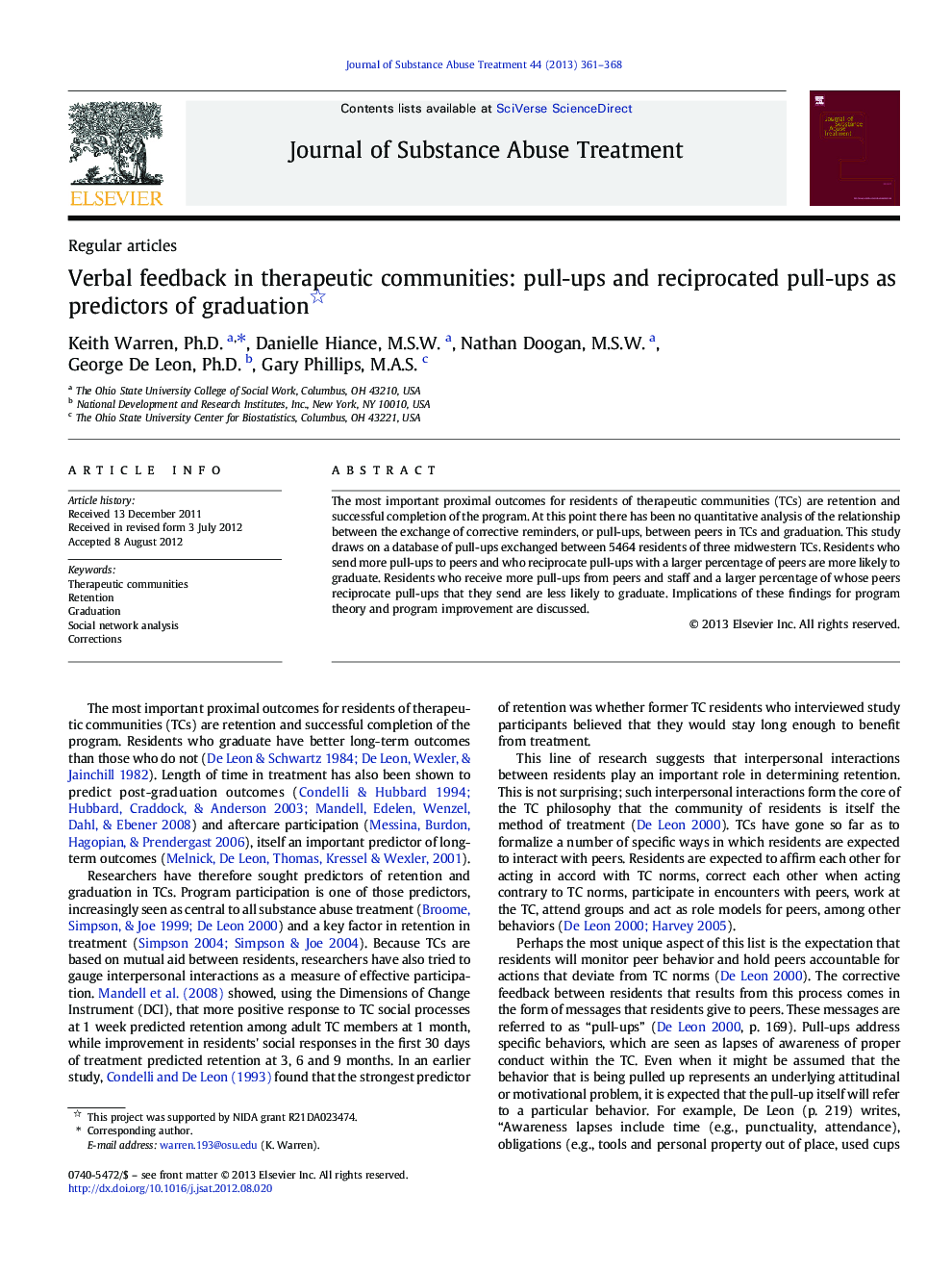 Verbal feedback in therapeutic communities: pull-ups and reciprocated pull-ups as predictors of graduation 