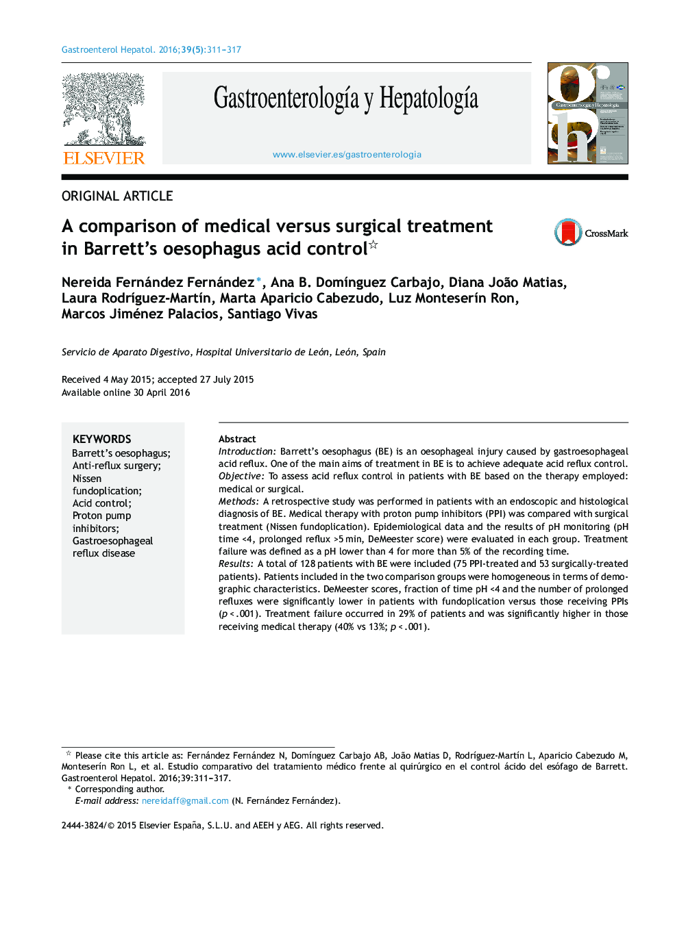 A comparison of medical versus surgical treatment in Barrett's oesophagus acid control 