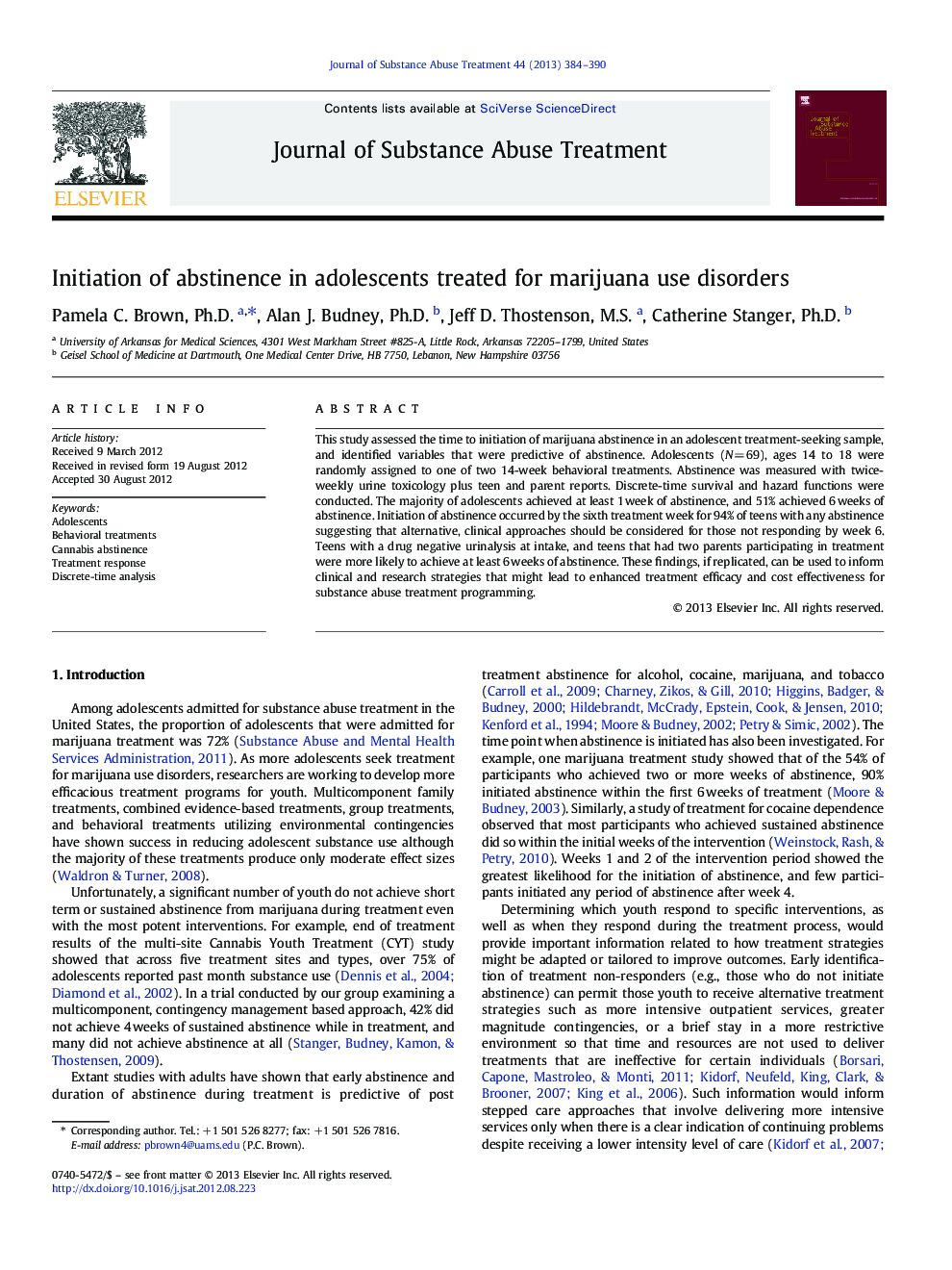 Initiation of abstinence in adolescents treated for marijuana use disorders