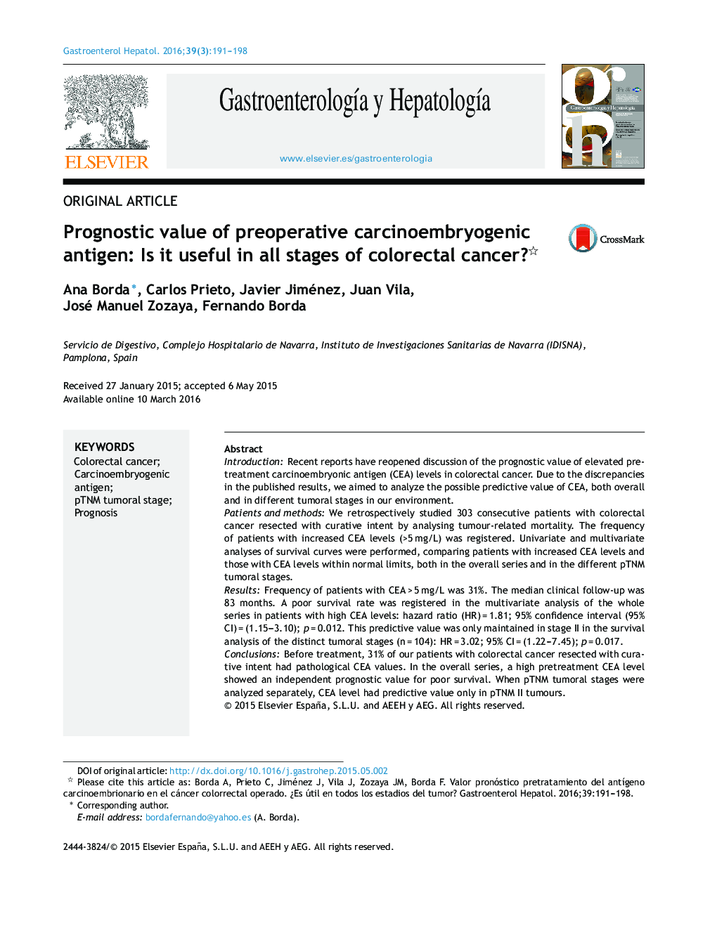 Prognostic value of preoperative carcinoembryogenic antigen: Is it useful in all stages of colorectal cancer?