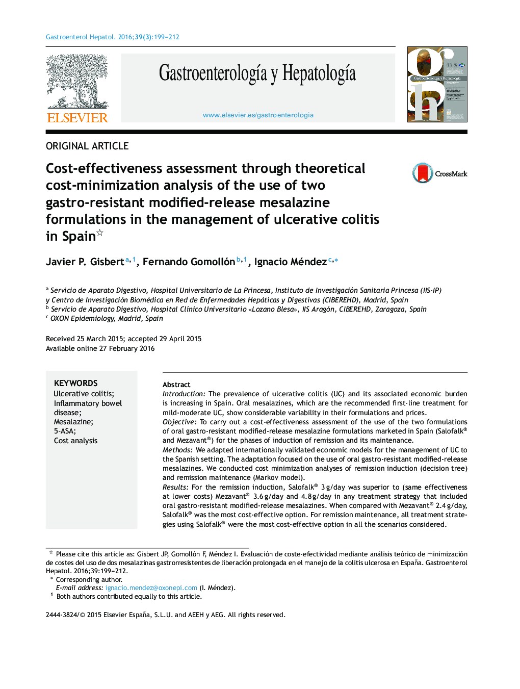 Cost-effectiveness assessment through theoretical cost-minimization analysis of the use of two gastro-resistant modified-release mesalazine formulations in the management of ulcerative colitis in Spain 