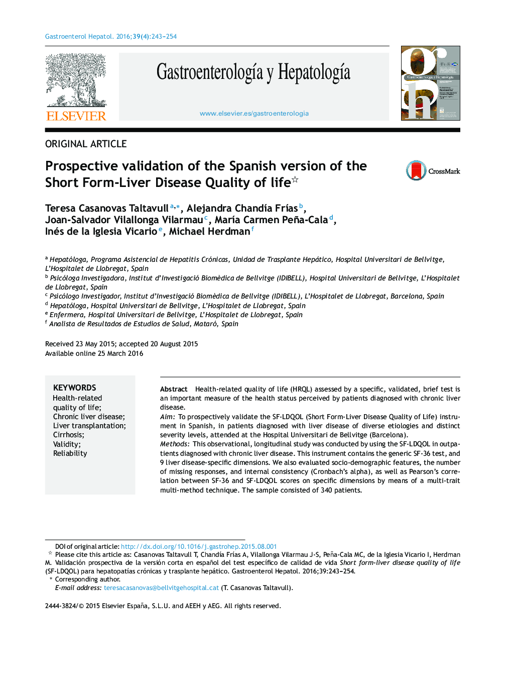Prospective validation of the Spanish version of the Short Form-Liver Disease Quality of life 
