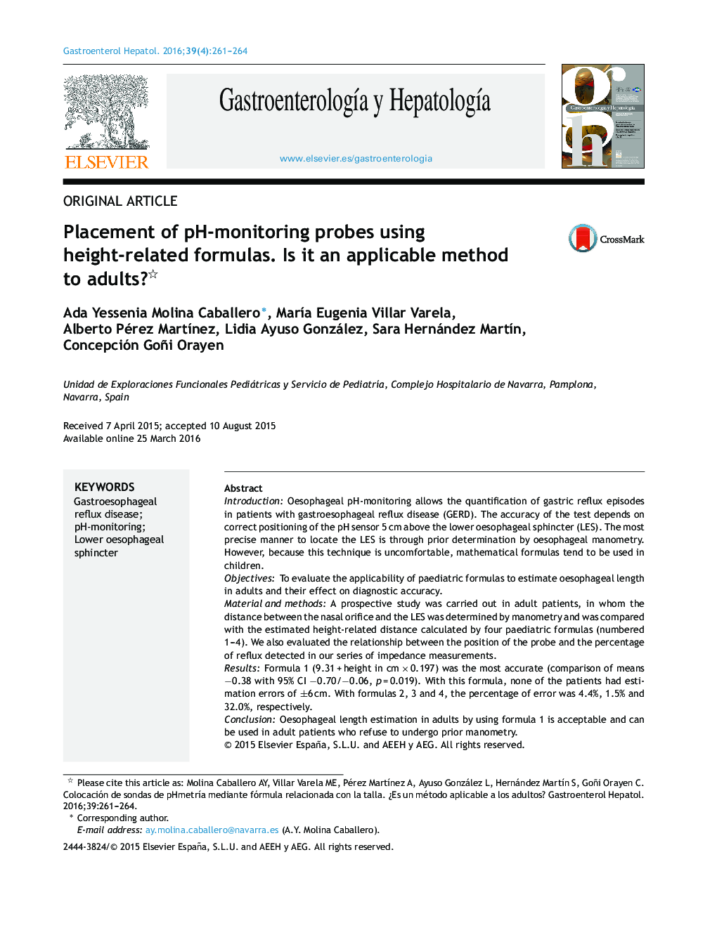 Placement of pH-monitoring probes using height-related formulas. Is it an applicable method to adults?