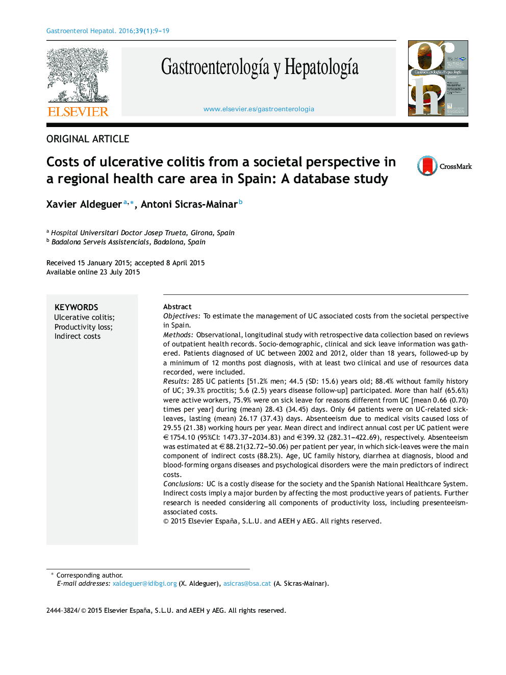 Costs of ulcerative colitis from a societal perspective in a regional health care area in Spain: A database study