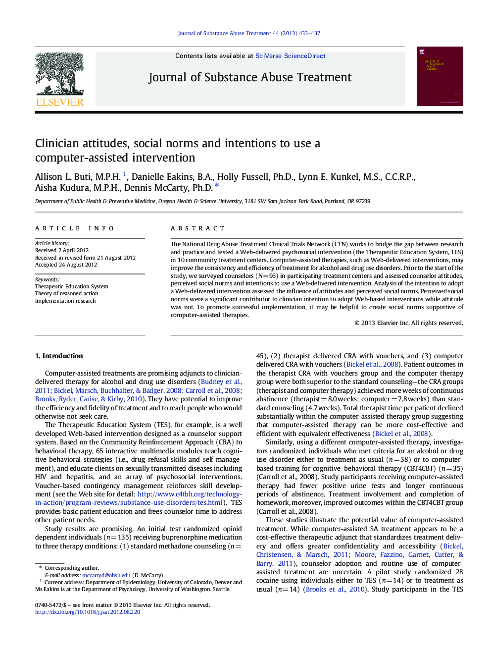 Clinician attitudes, social norms and intentions to use a computer-assisted intervention