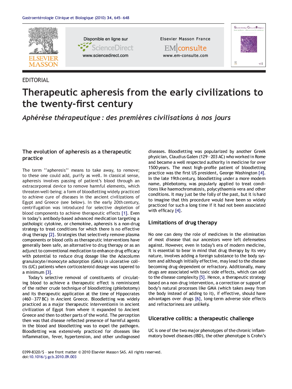 Therapeutic apheresis from the early civilizations to the twenty-first century