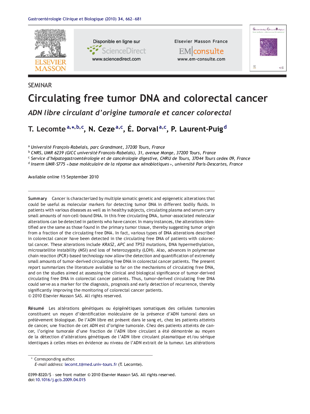 Circulating free tumor DNA and colorectal cancer