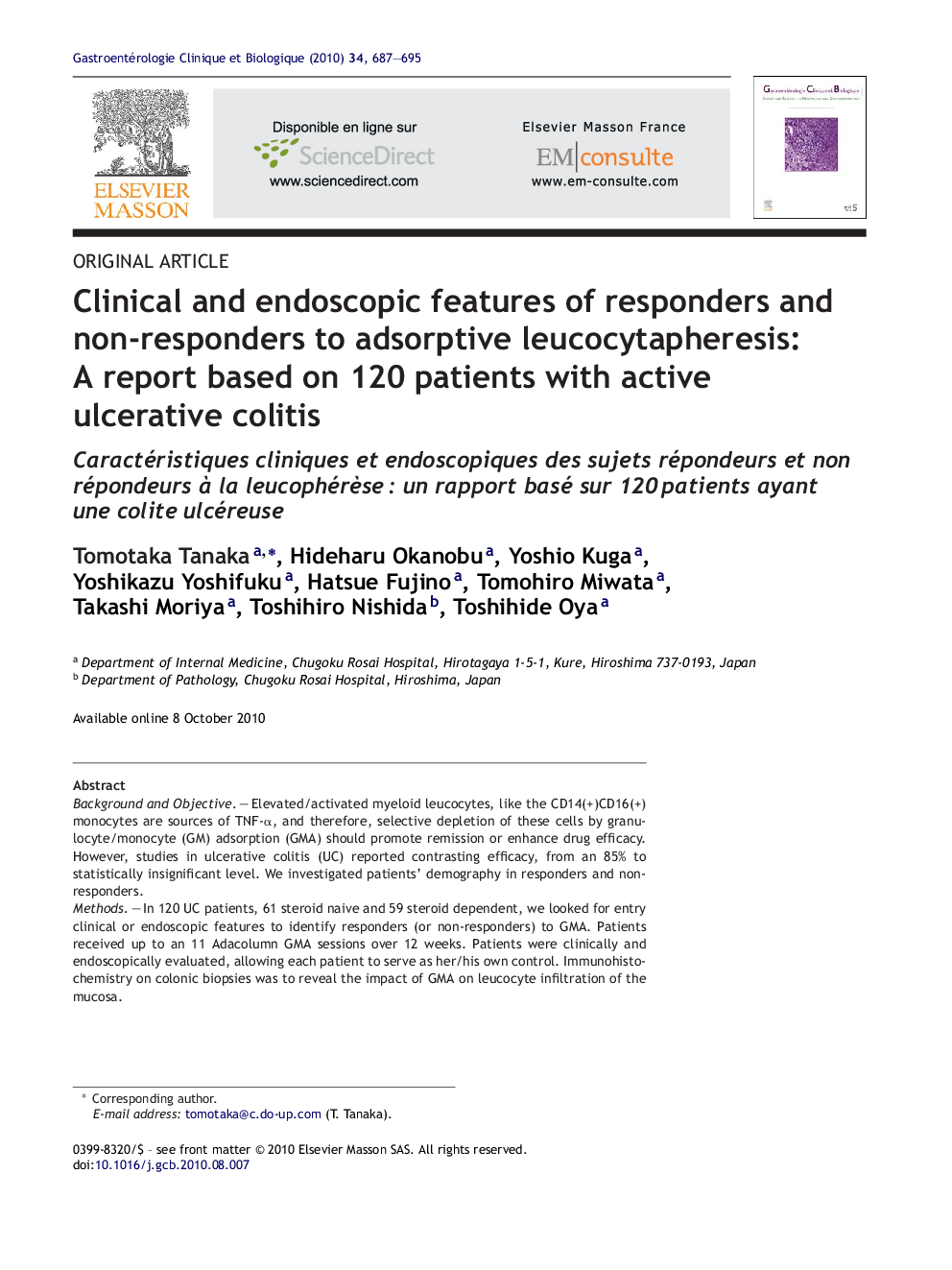 Clinical and endoscopic features of responders and non-responders to adsorptive leucocytapheresis: A report based on 120 patients with active ulcerative colitis