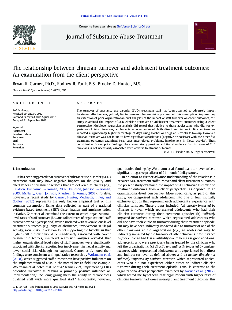 The relationship between clinician turnover and adolescent treatment outcomes: An examination from the client perspective