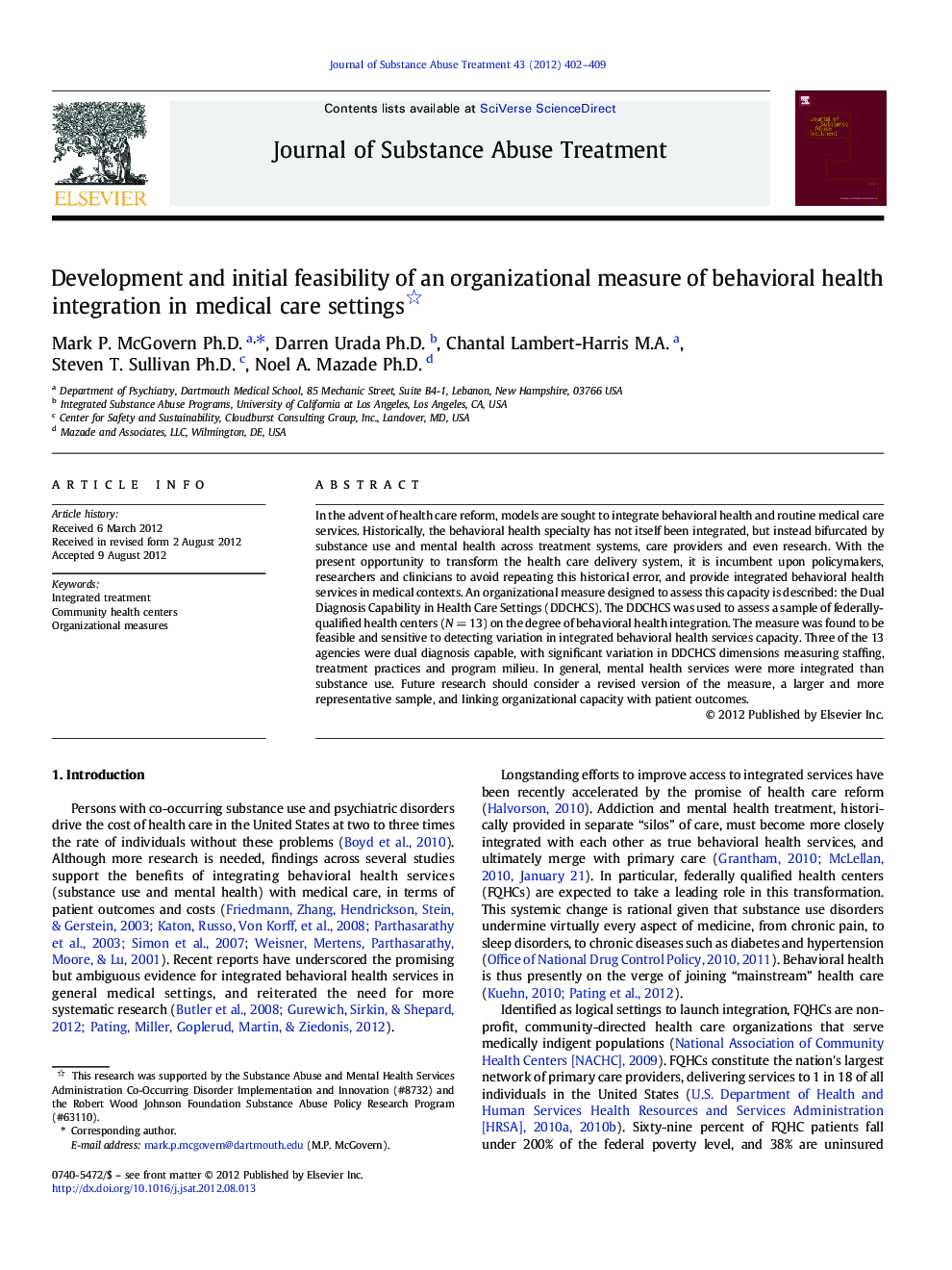 Development and initial feasibility of an organizational measure of behavioral health integration in medical care settings 