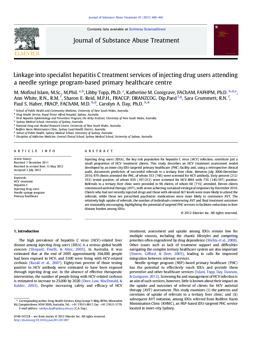 Linkage into specialist hepatitis C treatment services of injecting drug users attending a needle syringe program-based primary healthcare centre