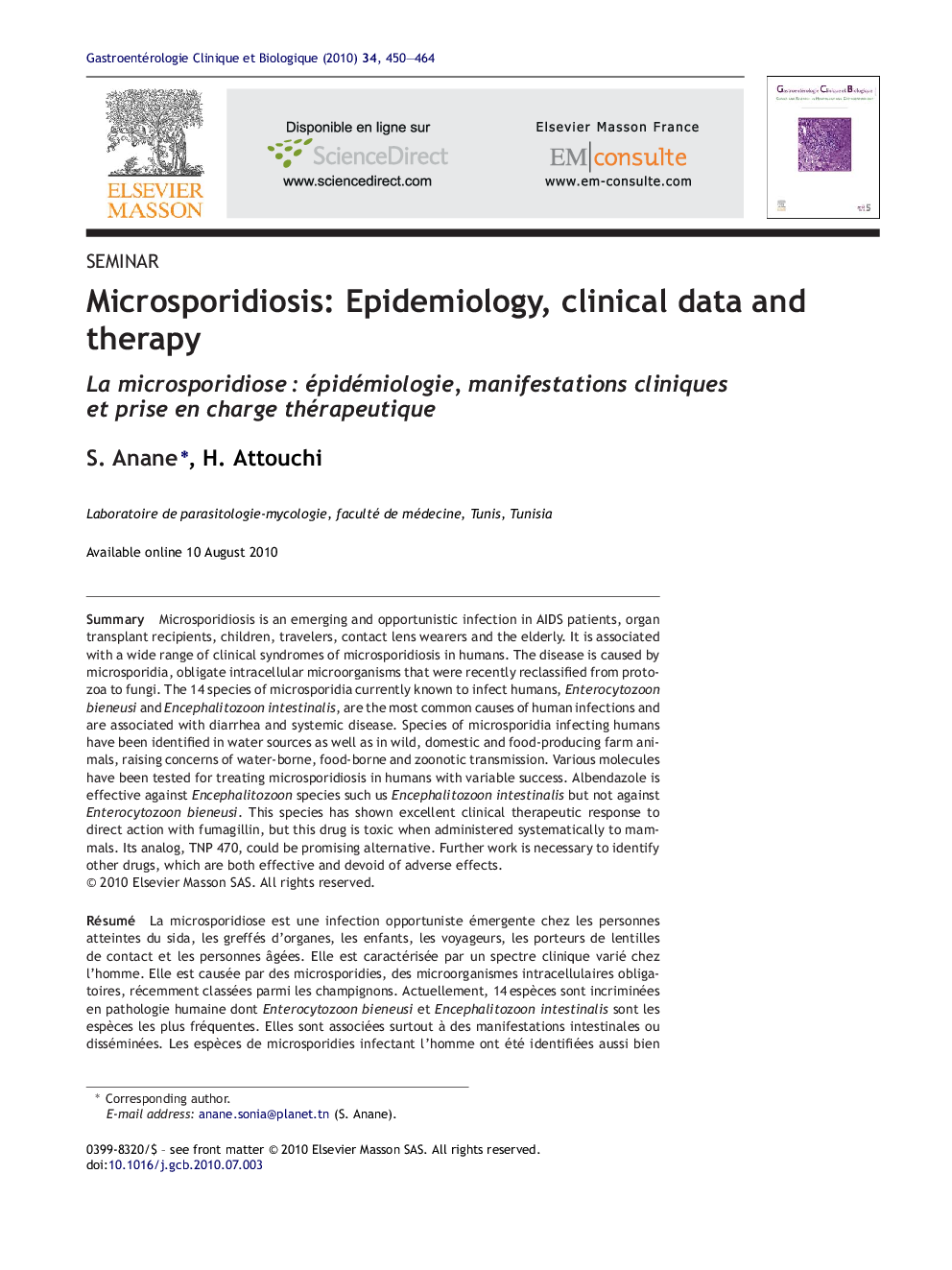 Microsporidiosis: Epidemiology, clinical data and therapy
