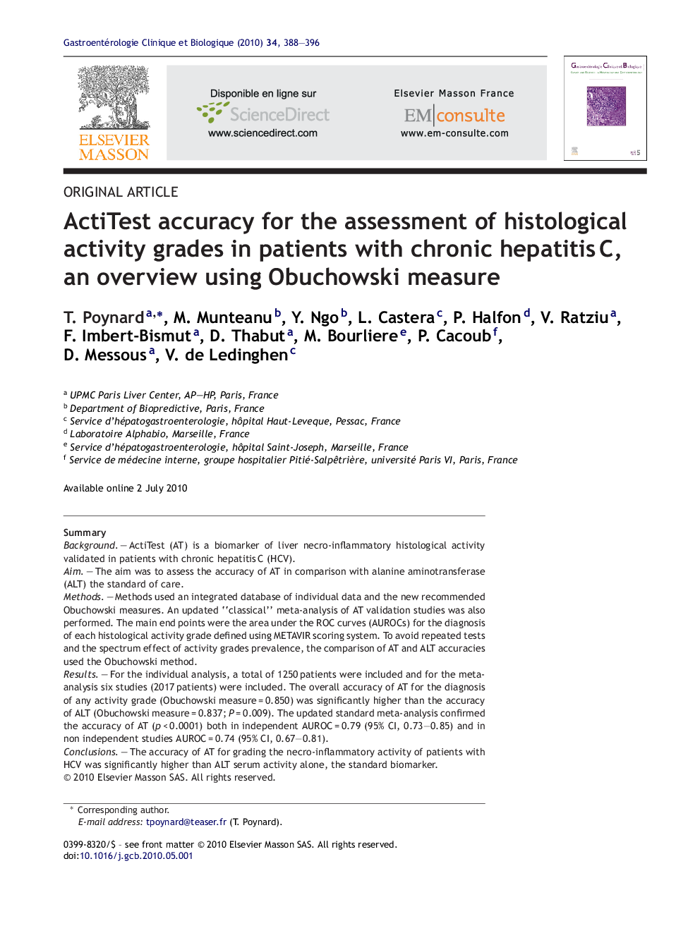 عکس صفحه اول مقاله: ActiTest accuracy for the assessment of histological activity grades in patients with chronic hepatitis C, an overview using Obuchowski measure ActiTest accuracy for the assessment of histological activity grades in patients with chronic hepatitis C, an overview using Obuchowski measure