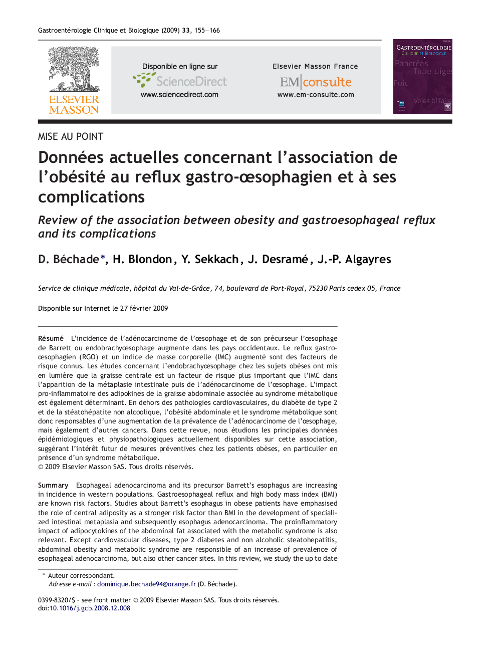 Données actuelles concernant l’association de l’obésité au reflux gastro-œsophagien et à ses complications