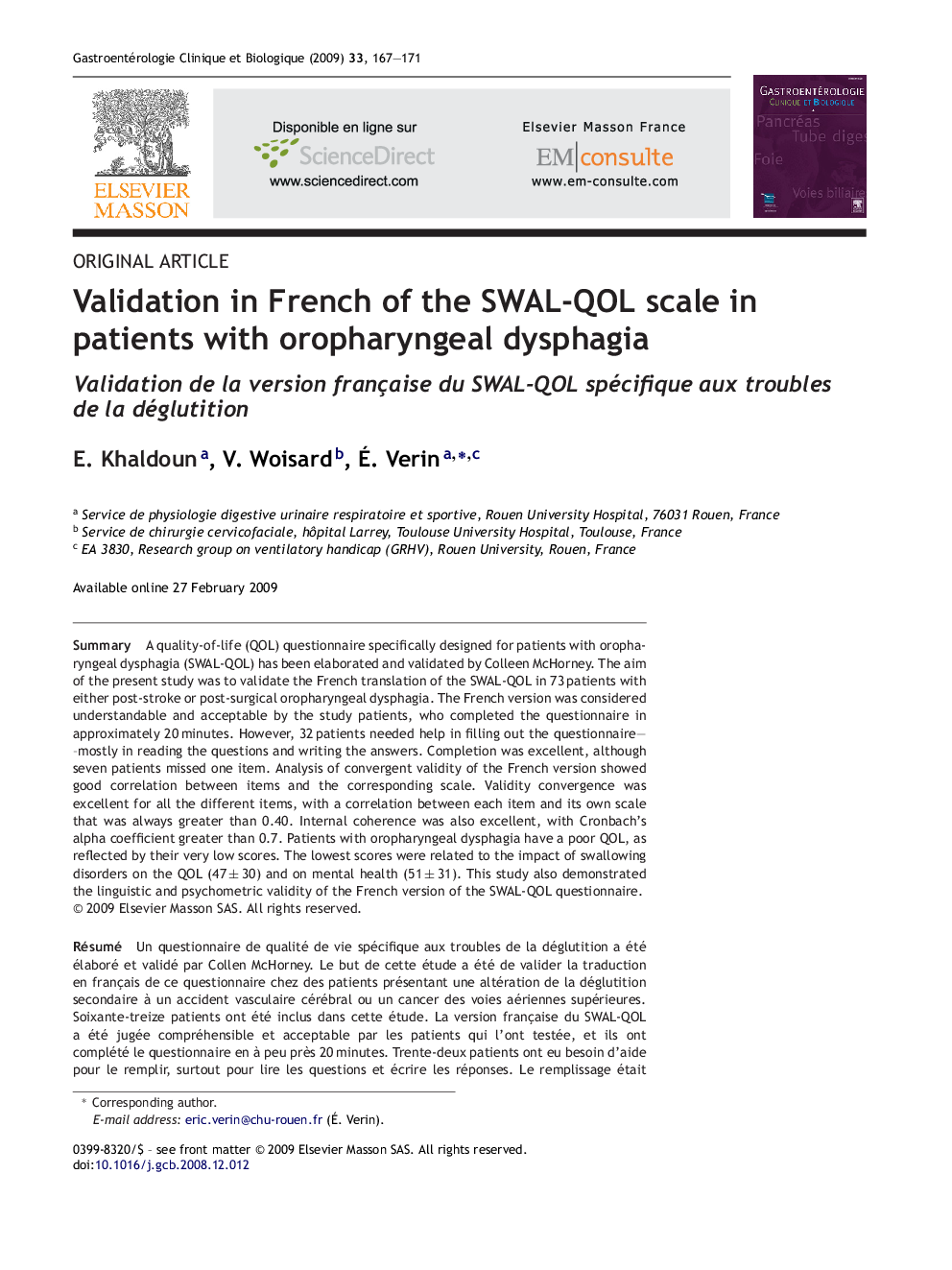 Validation in French of the SWAL-QOL scale in patients with oropharyngeal dysphagia