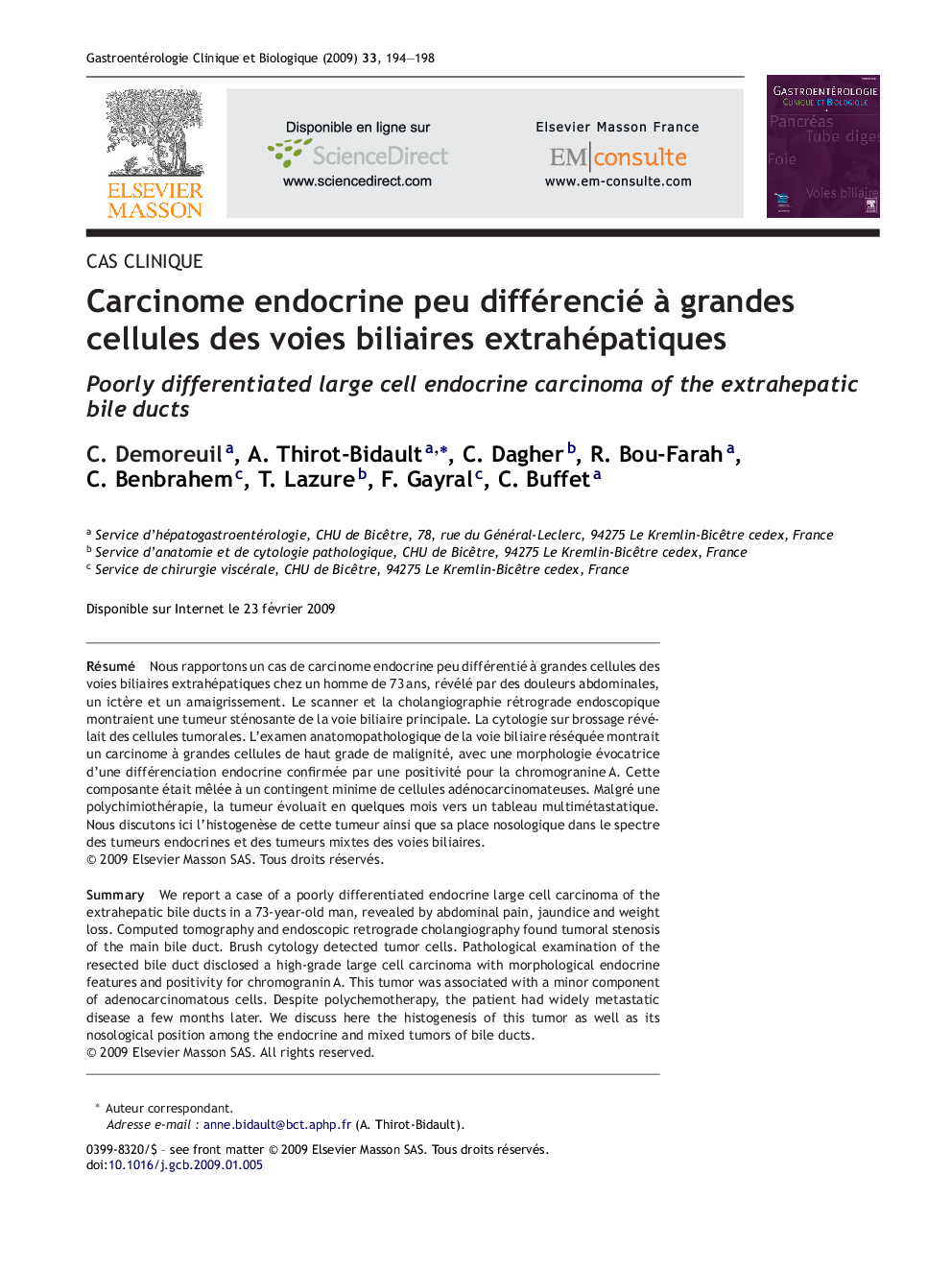 Carcinome endocrine peu différencié à grandes cellules des voies biliaires extrahépatiques