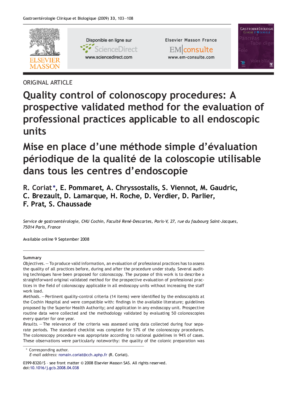Quality control of colonoscopy procedures: A prospective validated method for the evaluation of professional practices applicable to all endoscopic units
