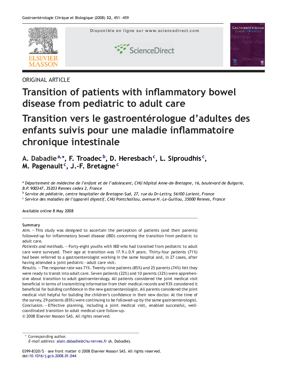 Transition of patients with inflammatory bowel disease from pediatric to adult care