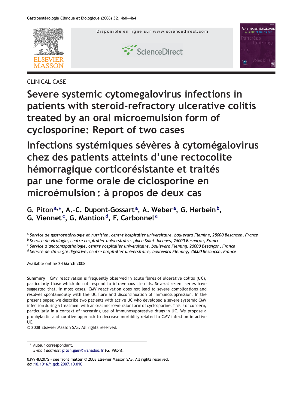 Severe systemic cytomegalovirus infections in patients with steroid-refractory ulcerative colitis treated by an oral microemulsion form of cyclosporine: Report of two cases