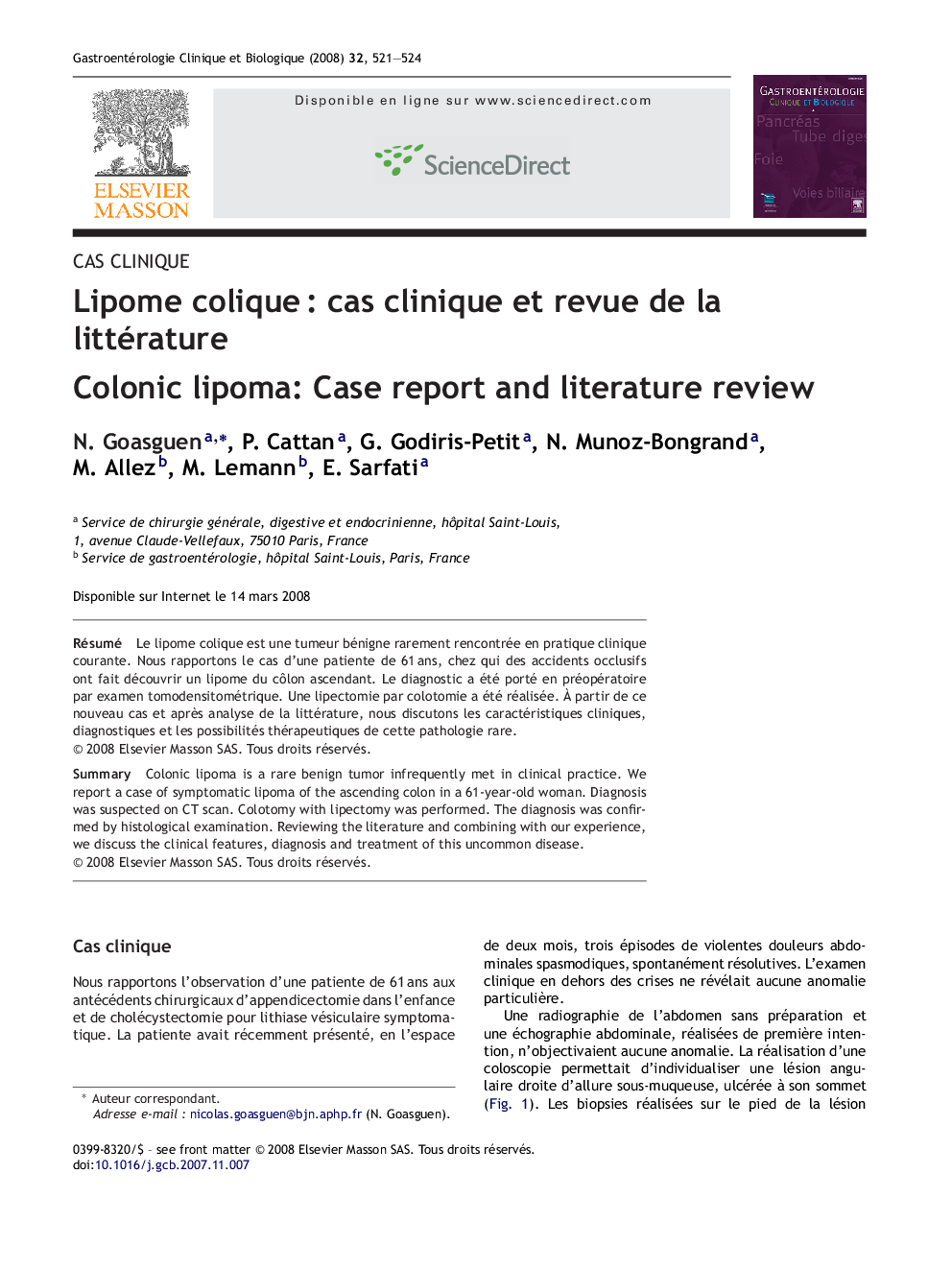 Lipome colique : cas clinique et revue de la littérature