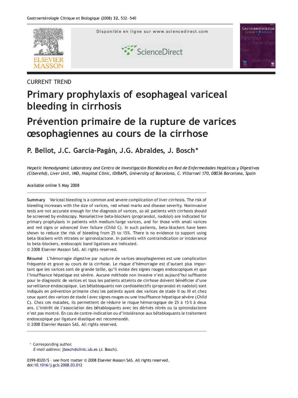 Primary prophylaxis of esophageal variceal bleeding in cirrhosis