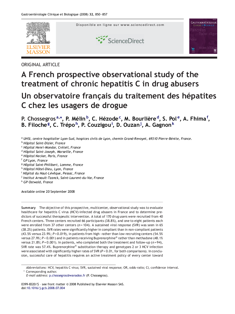 A French prospective observational study of the treatment of chronic hepatitis C in drug abusers