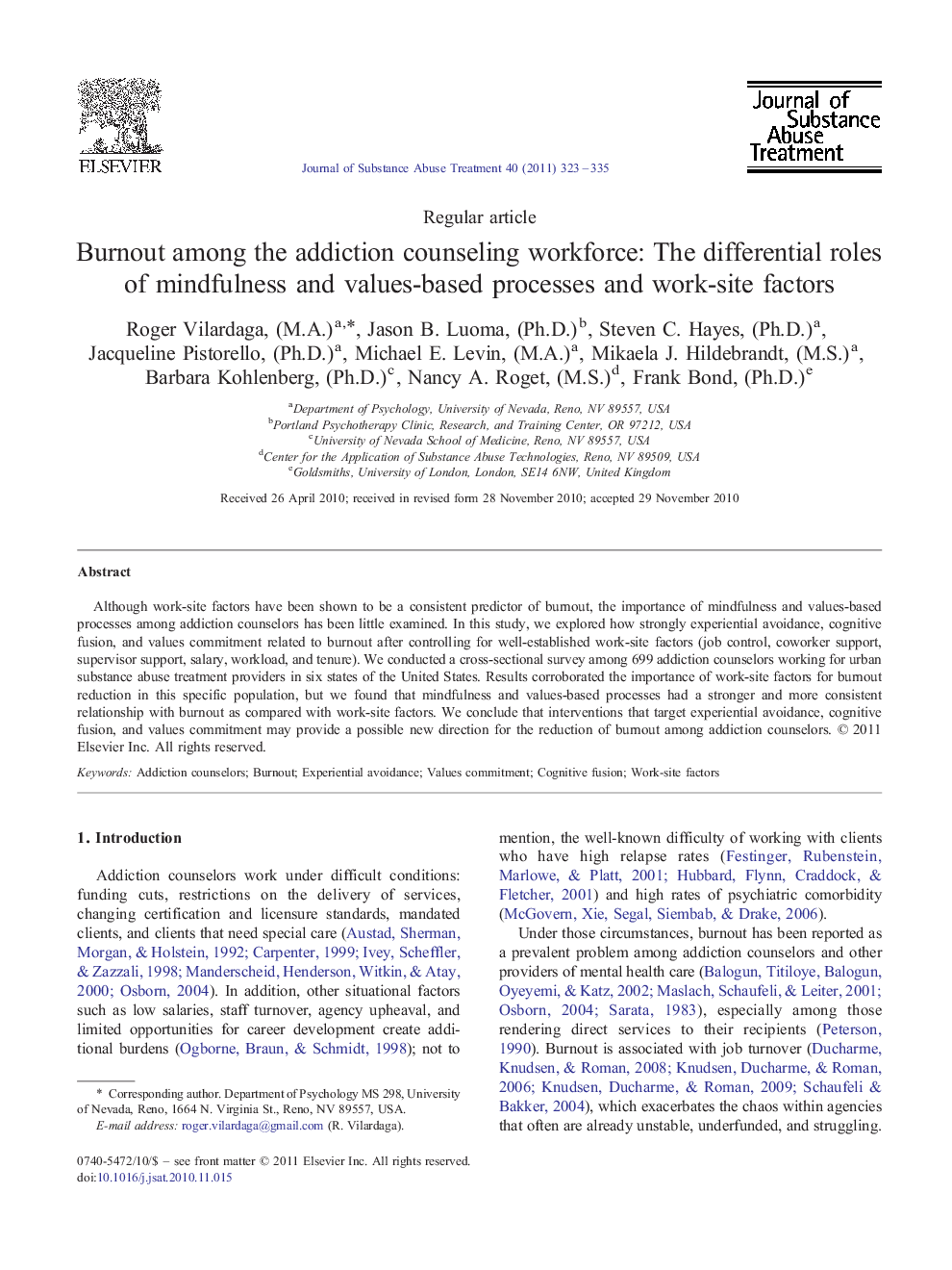 عکس صفحه اول مقاله: Burnout among the addiction counseling workforce: The differential roles of mindfulness and values-based processes and work-site factors Burnout among the addiction counseling workforce: The differential roles of mindfulness and values-based processes and work-site factors