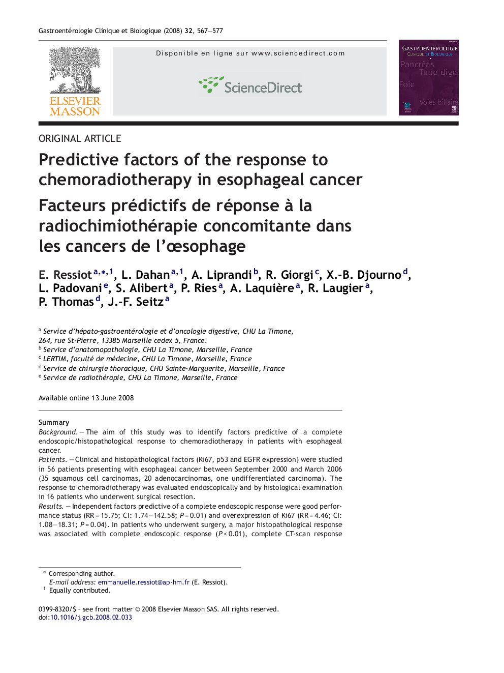 Predictive factors of the response to chemoradiotherapy in esophageal cancer