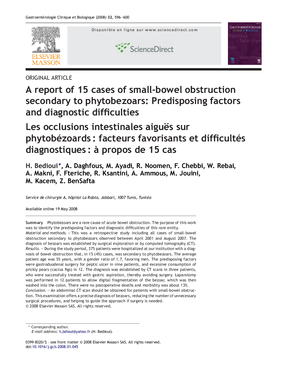 A report of 15 cases of small-bowel obstruction secondary to phytobezoars: Predisposing factors and diagnostic difficulties