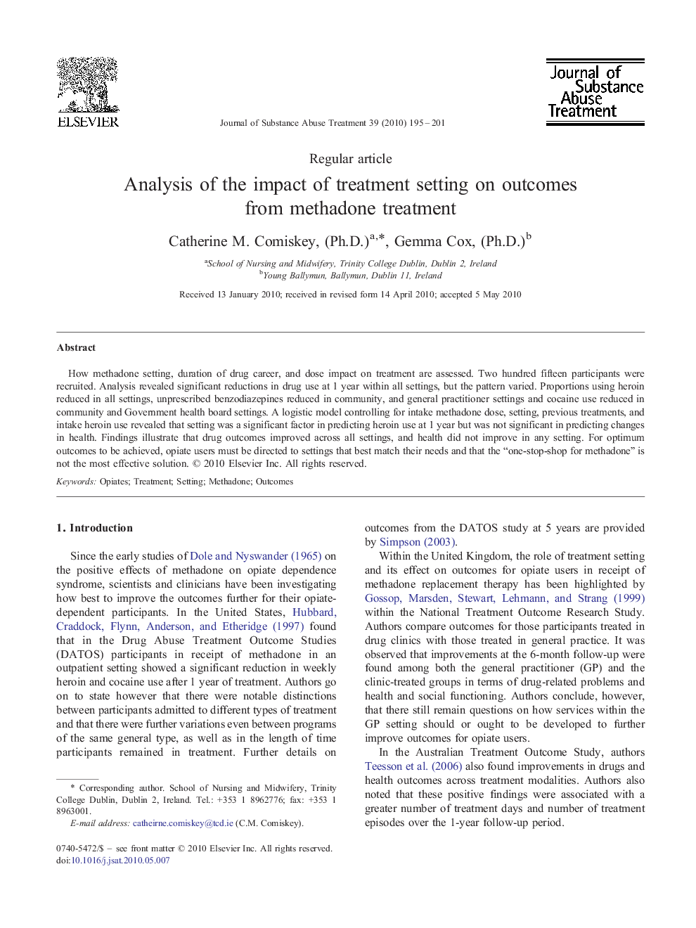 Analysis of the impact of treatment setting on outcomes from methadone treatment