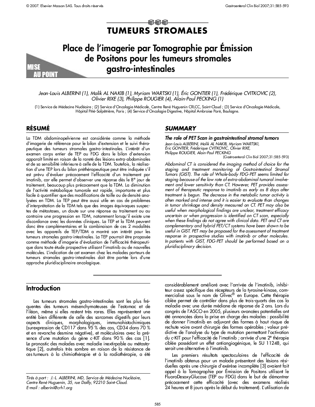 Place de l’imagerie par Tomographie par Émission de Positons pour les tumeurs stromales gastro-intestinales