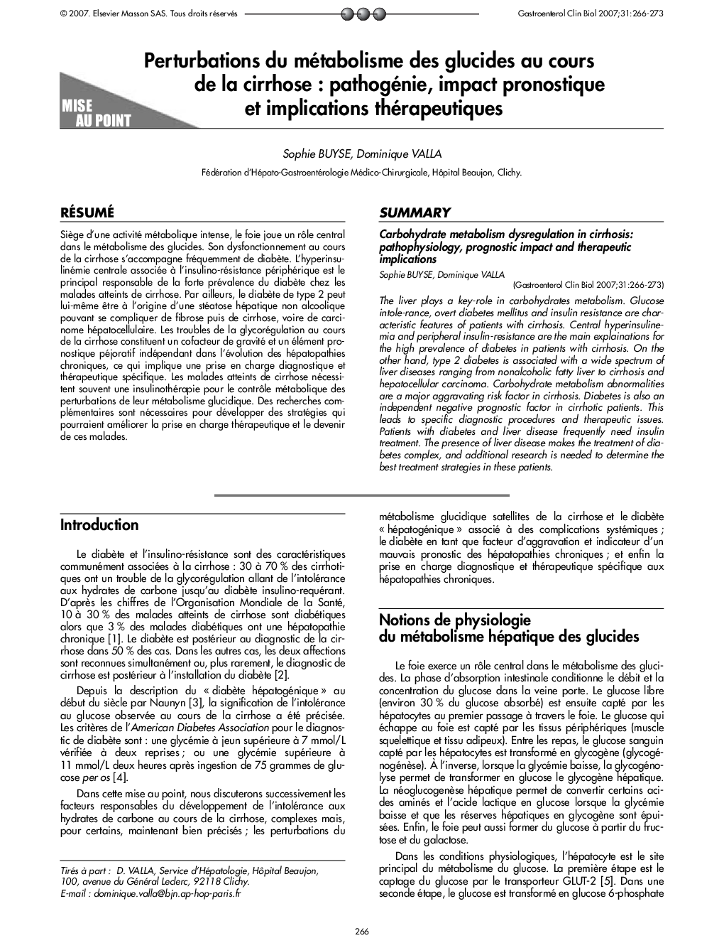 Perturbations du métabolisme des glucides au cours de la cirrhose : pathogénie, impact pronostique et implications thérapeutiques