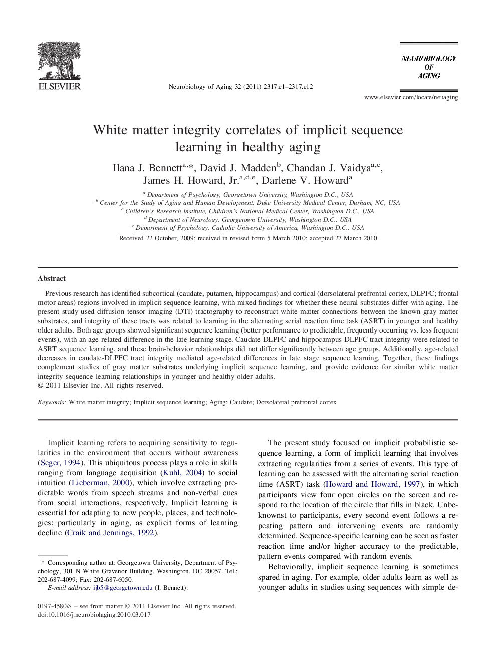 White matter integrity correlates of implicit sequence learning in healthy aging