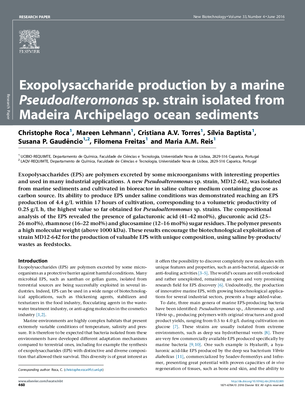 Exopolysaccharide production by a marine Pseudoalteromonas sp. strain isolated from Madeira Archipelago ocean sediments