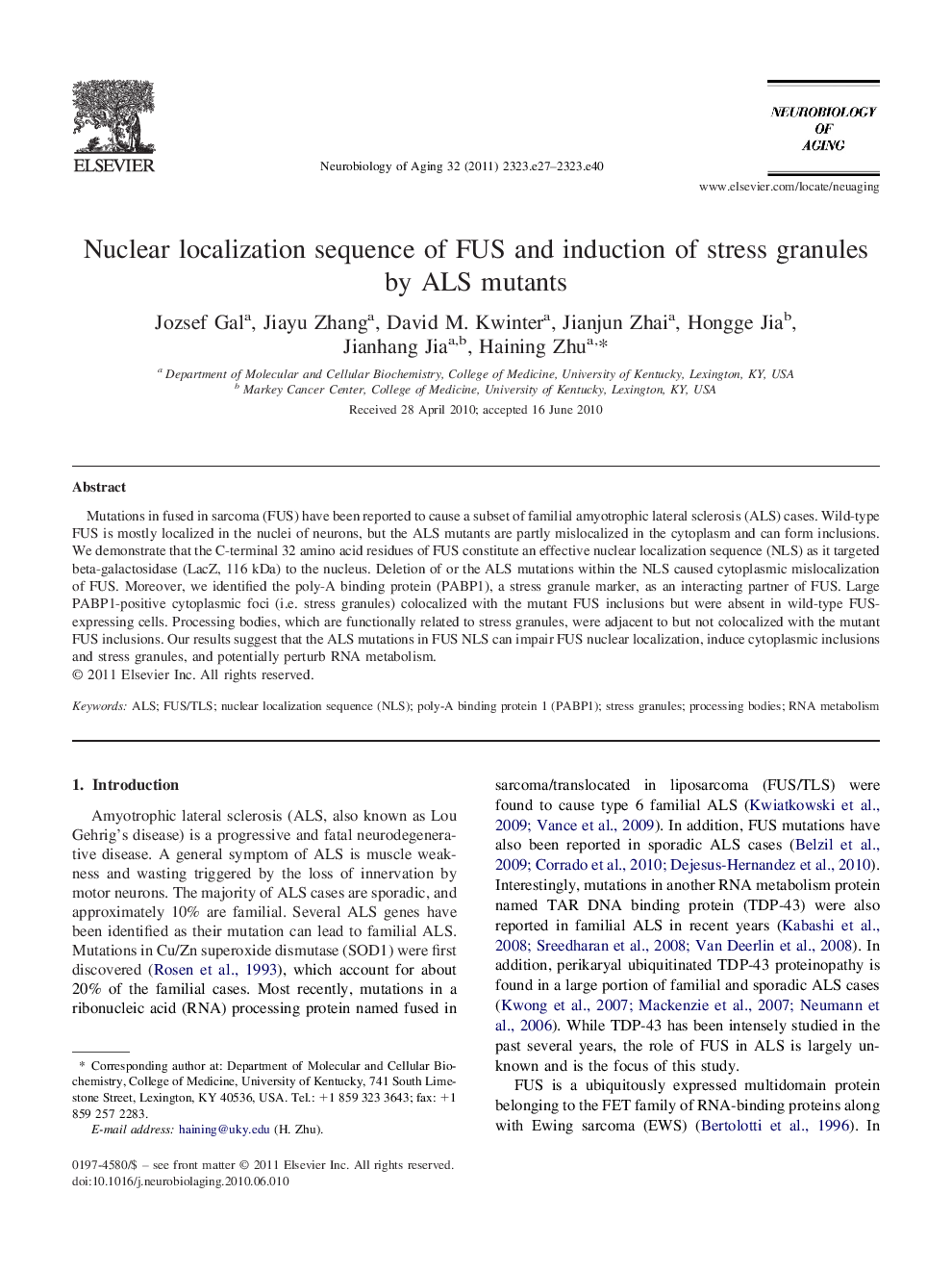 Nuclear localization sequence of FUS and induction of stress granules by ALS mutants