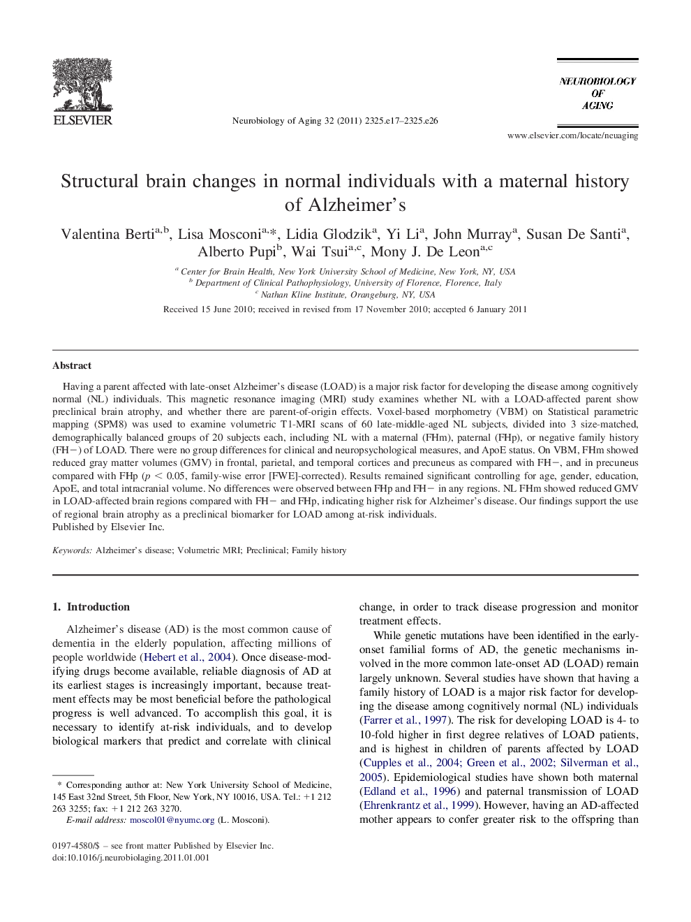 Structural brain changes in normal individuals with a maternal history of Alzheimer's