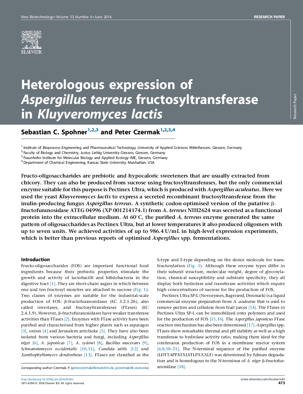 Heterologous expression of Aspergillus terreus fructosyltransferase in Kluyveromyces lactis